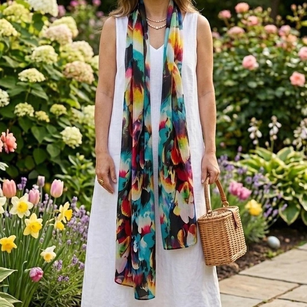 Calvin Klein Floral Pansy Chiffon Scarf Wrap Multi-Color OS Lightweight Boho - Picture 1 of 10